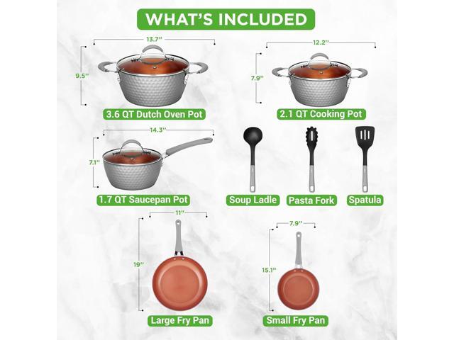 NutriChef 11 Pc Nonstick Cookware - PTFE/PFOA/PFOS Free Kitchenware Pots & Pans Set with Saucepan, Frying Pans, Cooking Pots, Lids, Utensils, Gray