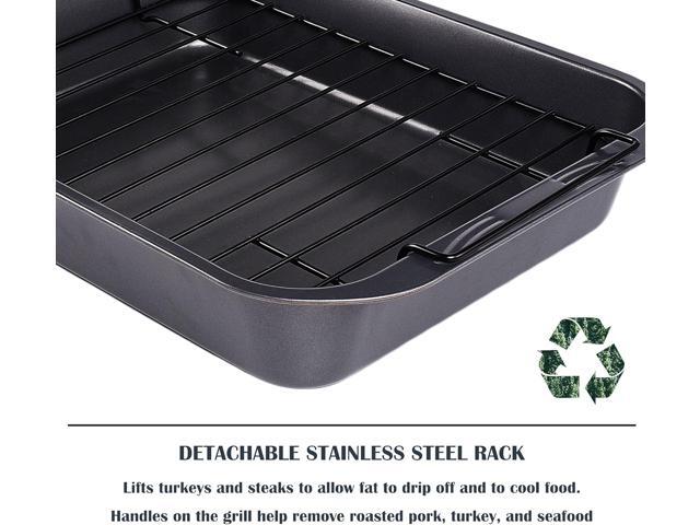 kitCom Bakeware Nonstick Roaster, Nonstick Roasting Pan with Rack, Great For Roast Chicken, Roasts And Turkeys - 15 Inch x 11 Inch (5.8 QT), Gray