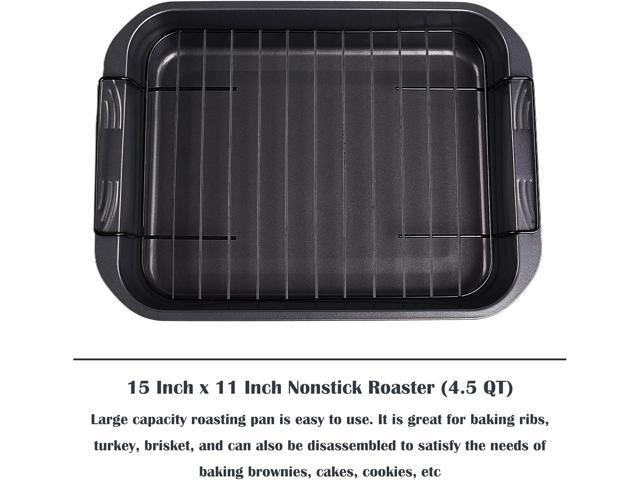kitCom Bakeware Nonstick Roaster, Nonstick Roasting Pan with Rack, Great For Roast Chicken, Roasts And Turkeys - 15 Inch x 11 Inch (5.8 QT), Gray