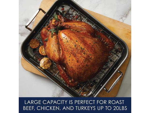 Rachael Ray Bakeware Nonstick Roaster/Roasting Pan with Reversible Rack, 16.5 Inch x 13.5 Inch, Gray