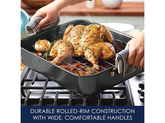 Rachael Ray Bakeware Nonstick Roaster/Roasting Pan with Reversible Rack, 16.5 Inch x 13.5 Inch, Gray