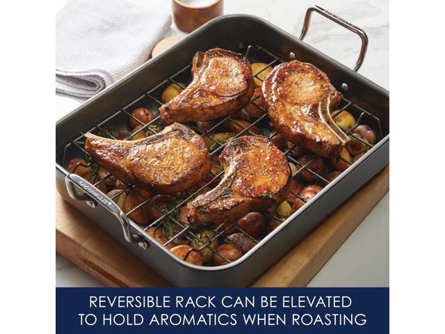 Rachael Ray Bakeware Nonstick Roaster/Roasting Pan with Reversible Rack, 16.5 Inch x 13.5 Inch, Gray