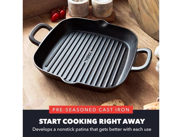 GreenPan x Bobby Flay Cast Iron Pre-Seasoned 11 Square Grill Pan, Helper Handles, Professional Grade Heavy Duty, Induction Suitable, Versatile...