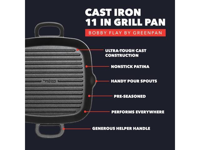 GreenPan x Bobby Flay Cast Iron Pre-Seasoned 11 Square Grill Pan, Helper Handles, Professional Grade Heavy Duty, Induction Suitable, Versatile...