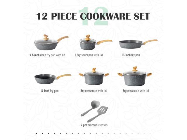 MAISON ARTS Pots and Pans Set Non Stick, 12 Piece Grey Granite Kitchen Cookware Induction Compatible, Pot and Pan Sets for Cooking Nonstick