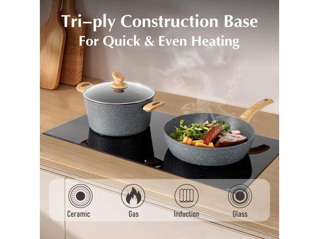MAISON ARTS Pots and Pans Set Non Stick, 12 Piece Grey Granite Kitchen Cookware Induction Compatible, Pot and Pan Sets for Cooking Nonstick
