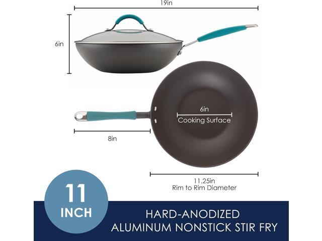 Rachael Ray Cucina Hard-Anodized Nonstick Covered Stir Fry Pan, 11-Inch, Gray, Agave Blue Handles