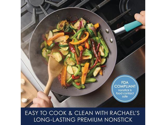 Rachael Ray Cucina Hard-Anodized Nonstick Covered Stir Fry Pan, 11-Inch, Gray, Agave Blue Handles