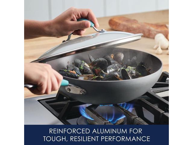 Rachael Ray Cucina Hard-Anodized Nonstick Covered Stir Fry Pan, 11-Inch, Gray, Agave Blue Handles
