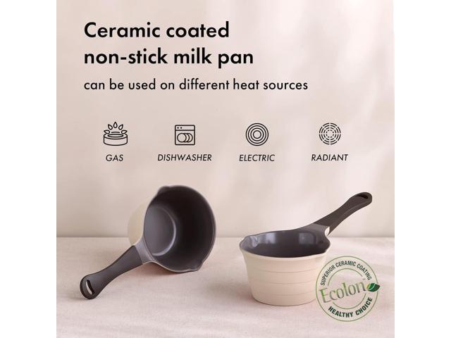 Neoflam 1qt Saucepan Butter Warmer Milk Boiling Melting Pot, Ecolon Healthy Ceramic Nonstick Coating PFOA-free, 2 Pour Spouts, Dishwasher Safe, Ivory