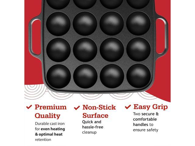 Otafuku Takoyaki Plate, Cast Iron Japanese Grill for Cooking Takoyaki Balls, Nonstick Pan (16 Holes)
