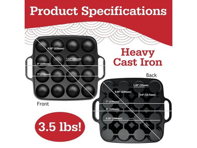 Otafuku Takoyaki Plate, Cast Iron Japanese Grill for Cooking Takoyaki Balls, Nonstick Pan (16 Holes)