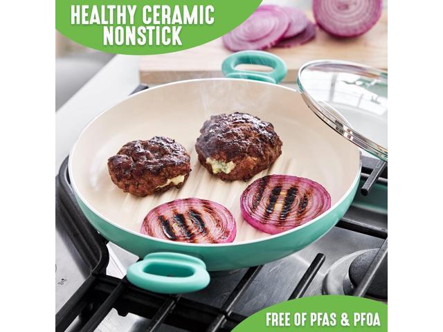 GreenLife 11 Healthy Ceramic Nonstick Grill Pan with 2 Handles and Lid, PFAS-Free, Rivetless Interior, Grill Ridges, Dishwasher Safe, Oven Safe,...