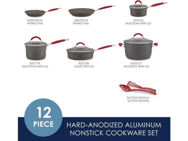 Rachael Ray - 87630 Rachael Ray Cucina Hard Anodized Nonstick Cookware Pots and Pans Set, 12 Piece, Gray with Red Handles