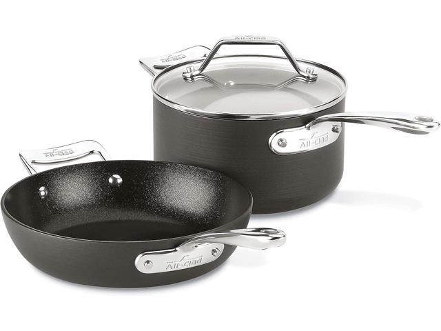 All-Clad Essentials Hard Anodized Nonstick Fry & Sauce Pan Set 8.5 Inch , 2.5 Quart Oven Broiler Safe 500F Pots and Pans, Cookware Black