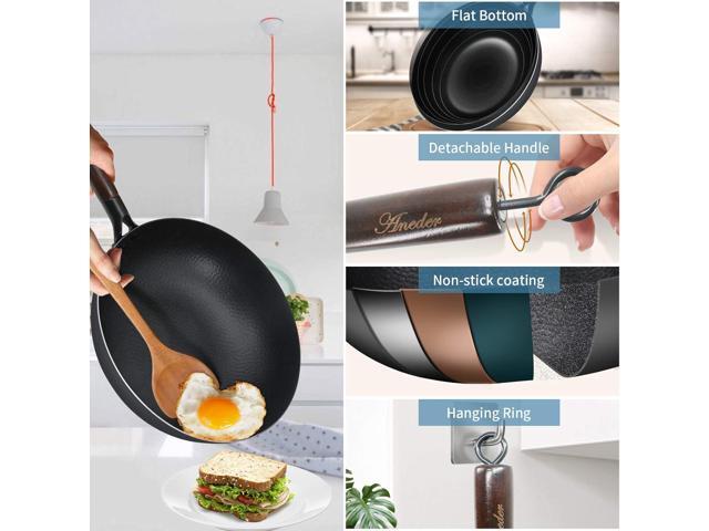 Carbon Steel Wok Pan with Lid & Wood Spatula, 12.5' Cast Iron Stir Fry Pan with Flat Bottom and Wooden Handle for Electric, Induction and Gas Stoves
