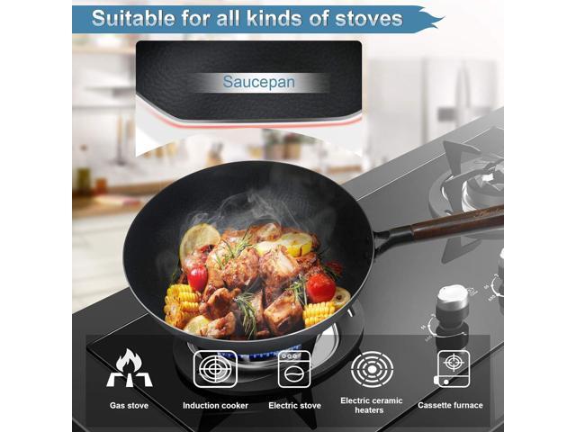 Carbon Steel Wok Pan with Lid & Wood Spatula, 12.5' Cast Iron Stir Fry Pan with Flat Bottom and Wooden Handle for Electric, Induction and Gas Stoves