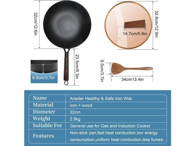 Carbon Steel Wok Pan with Lid & Wood Spatula, 12.5' Cast Iron Stir Fry Pan with Flat Bottom and Wooden Handle for Electric, Induction and Gas Stoves