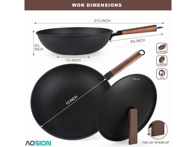 AOSION 13'' Carbon Steel Wok, 12 Piece Wok Pan & Stir-Fry Pans Set with Lid & Cookwares, No Chemical Coated Flat Bottom Chinese Wok Pan for...