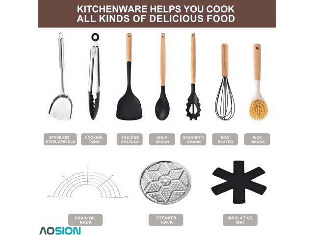 AOSION 13'' Carbon Steel Wok, 12 Piece Wok Pan & Stir-Fry Pans Set with Lid & Cookwares, No Chemical Coated Flat Bottom Chinese Wok Pan for...