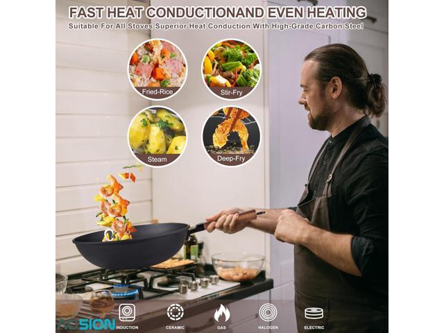 AOSION 13'' Carbon Steel Wok, 12 Piece Wok Pan & Stir-Fry Pans Set with Lid & Cookwares, No Chemical Coated Flat Bottom Chinese Wok Pan for...