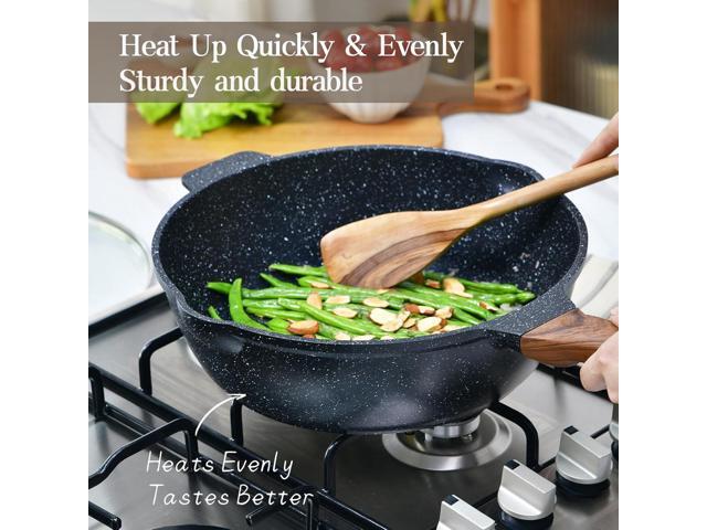 Deep Frying Pan Nonstick with Lid and Spatula, 12 inch / 5.5 Quart Non Stick Granite Stir-Fry Chef Pan Skillet with Scrub Sponge, PFOA Free Flat...