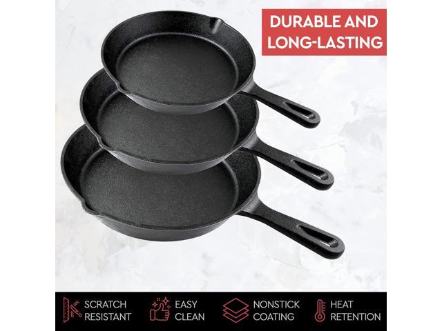 Cast Iron Skillet 3-Piece Set - Heavy-Duty Professional Restaurant Chef Quality Pre-Seasoned Pan Cookware Set - 10', 8', 6' Pans - For Frying,...