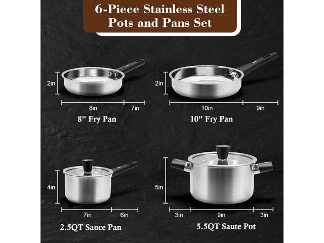 Pots and Pans Set, 6-Piece Stainless Steel Kitchen Cookware Set with Stay-Cool Handles, kitchen Cooking Sets Pots and Pans Compatible with Gas,...