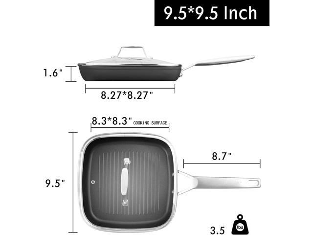 MsMk Square Grill Pan with Lid, 9.5 Inch Titanium and Ceramic Nonstick Grilling Skillet PanStay-Cool HandleCompatible with All StovetopsPFOA...