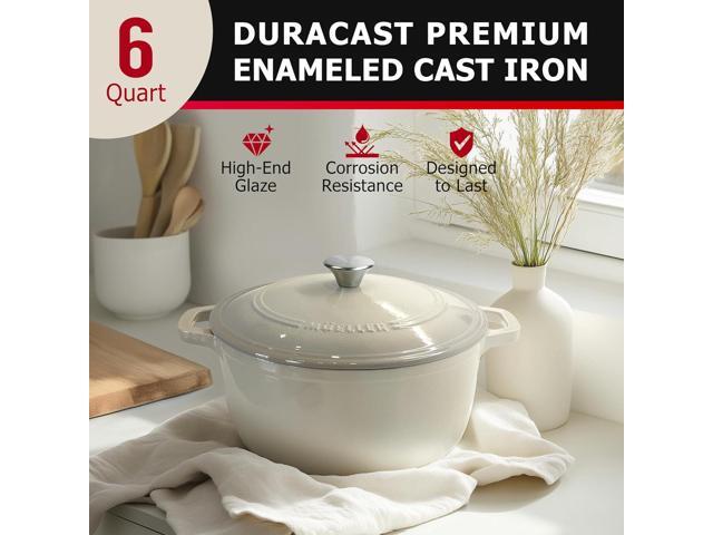 Mueller Cast Iron Dutch Oven Pot with Lid, 6 Quart Enameled, Dual Handles, Stainless Steel Knob, Stew Pot, Induction Pot - For Braising, Roasting,...