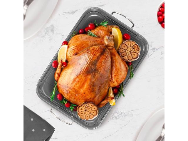 Glad Roasting Pan Nonstick 11x15 - Heavy Duty Metal Bakeware Dish with Rack - Large Oven Roaster Tray for Baking Turkey, Chicken, and Veggies