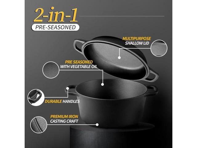 2-in-1 Pre-Seasoned Cast Iron Dutch Oven Pot with Skillet Lid Cooking Pan, Cast Iron Skillet Cookware Pan Set with Dual Handles Indoor Outdoor for...