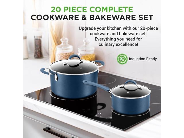 NutriChef Professional 20 Pc Kitchen Set in Navy Blue Durable Non-Stick Pots and Pans with Bakeware, Compatible with Any Cooktop, Easy Clean, 20pc