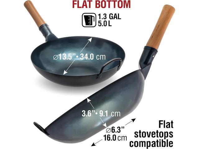 YOSUKATA 13.5 Blue Carbon Steel Wok Pan Pre-Seasoned Flat Bottom Wok Compatible with open fire, gas, electric, ceramic, induction cooktops...