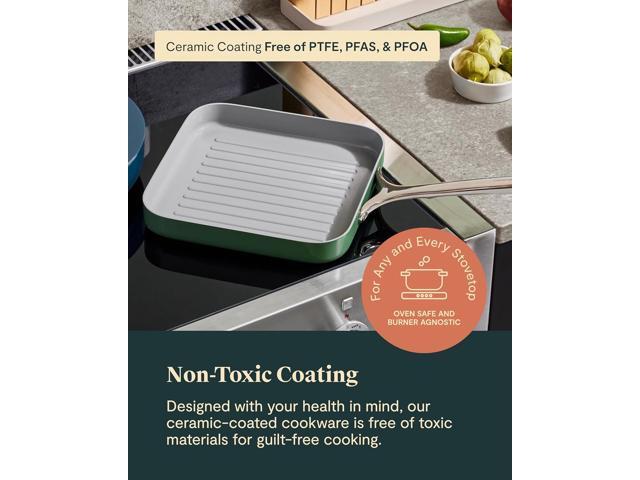 Caraway Square Grill Pan - 11 Grill Pan - Non-Stick Ceramic Coated - Non Toxic, PTFE & PFOA Free - Oven Safe & Compatible with All Stovetops - Gray