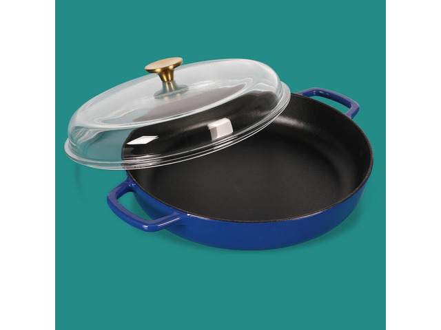 Sur La Table Kitchen Essentials 3.75 Quart Enamel Cast Iron All In One Multi-Purpose Non-Toxic Nonstick Braiser Pan W/Borosilicate Glass Lid - Blue
