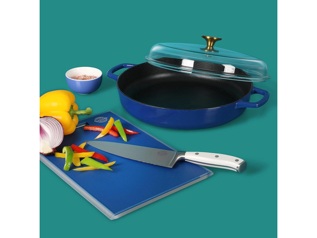 Sur La Table Kitchen Essentials 3.75 Quart Enamel Cast Iron All In One Multi-Purpose Non-Toxic Nonstick Braiser Pan W/Borosilicate Glass Lid - Blue
