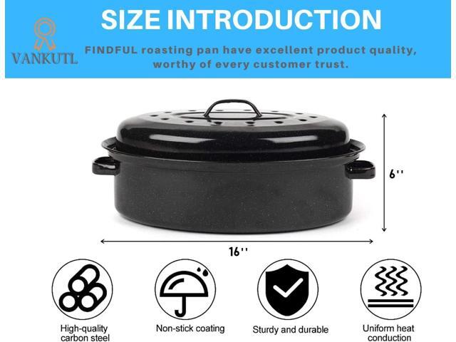 16 Inch Roasting Pan with Lid - Covered Oval Roaster - Enamel Carbon Steel Roaster Pot - Excellent Heat Distribution and Non-sticky - for Turkey...