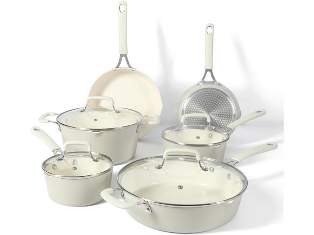 Martha Stewart Heathland Premium Nonstick PFA Free Ceramic Interior 10-Piece Tapered Aluminum Cookware Set - Linen White