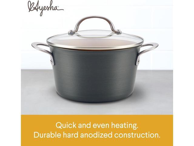Ayesha Curry Home Collection Hard Anodized Nonstick Sauce Pan/Saucepan with Lid, 4.5 Quart, Charcoal Gray