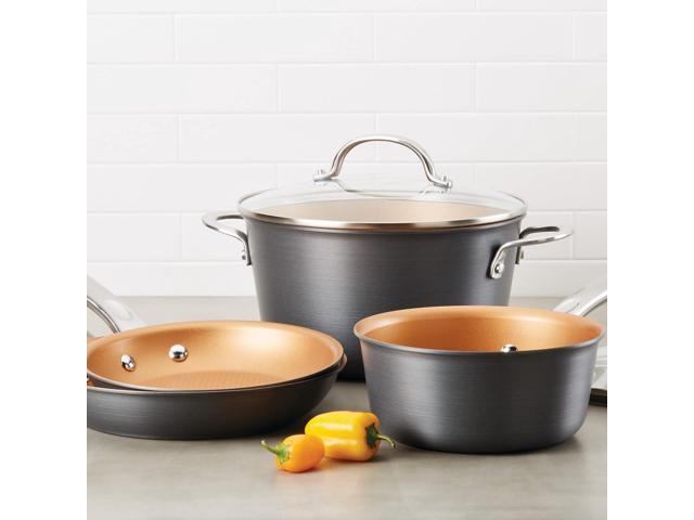 Ayesha Curry Home Collection Hard Anodized Nonstick Sauce Pan/Saucepan with Lid, 4.5 Quart, Charcoal Gray