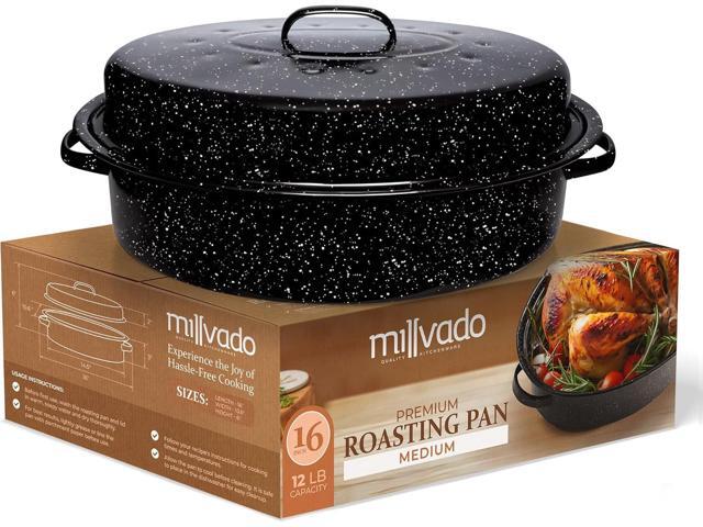 Granite Roasting Pan, 10 lb Capacity Turkey Roasting Pan with Lid, 16' Granite Oven Roaster Oval Shaped Speckled Enamel on Steel Cookware