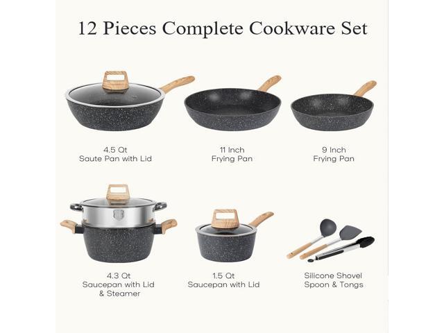 12 Pcs Pots and Pans Set Non Stick Kitchen Cookware Sets Nonstick Induction Cookware Black Granite Cooking Tools with Frying Pans, Saucepans,...