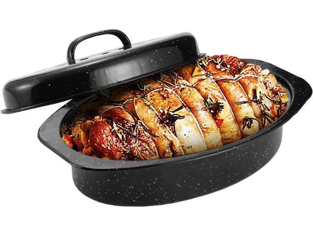 JY COOKMENT Granite Roaster Pan, Small 13 Enameled Roasting Pan with Domed Lid. Oval Turkey Roaster Pot, Broiler Pan Great for Small Chicken, Lamb....