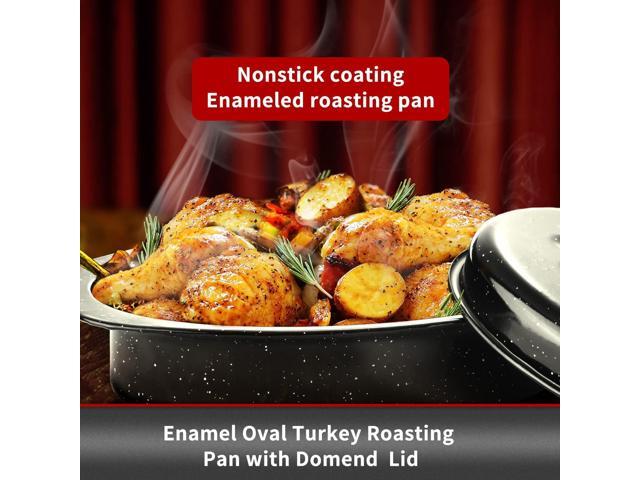 JY COOKMENT Granite Roaster Pan, Small 13 Enameled Roasting Pan with Domed Lid. Oval Turkey Roaster Pot, Broiler Pan Great for Small Chicken, Lamb....