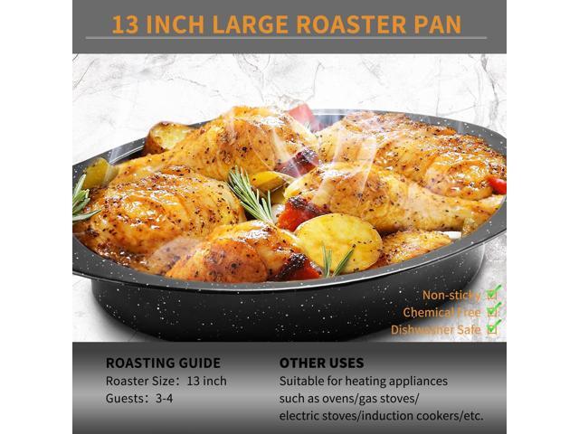 JY COOKMENT Granite Roaster Pan, Small 13 Enameled Roasting Pan with Domed Lid. Oval Turkey Roaster Pot, Broiler Pan Great for Small Chicken, Lamb....
