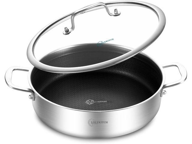 LOLYKITCH 6 QT Tri-Ply Stainless Steel Non-Stick Sauté Pan with Lid,12 Inch Deep Frying Pan,Large Skillet,Jumbo Cooker,Induction Cooking Pan,Heavy.