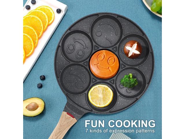 Nonstick Pancake Pan, Smiley Face Pancake Frying Pan, 7 Holes Mini Pancake Maker for Kids 10.4 in, Gas only - Black