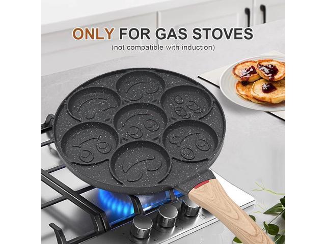 Nonstick Pancake Pan, Smiley Face Pancake Frying Pan, 7 Holes Mini Pancake Maker for Kids 10.4 in, Gas only - Black