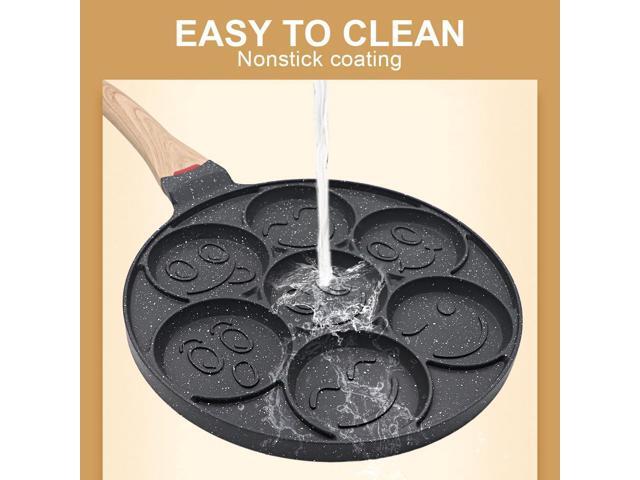 Nonstick Pancake Pan, Smiley Face Pancake Frying Pan, 7 Holes Mini Pancake Maker for Kids 10.4 in, Gas only - Black
